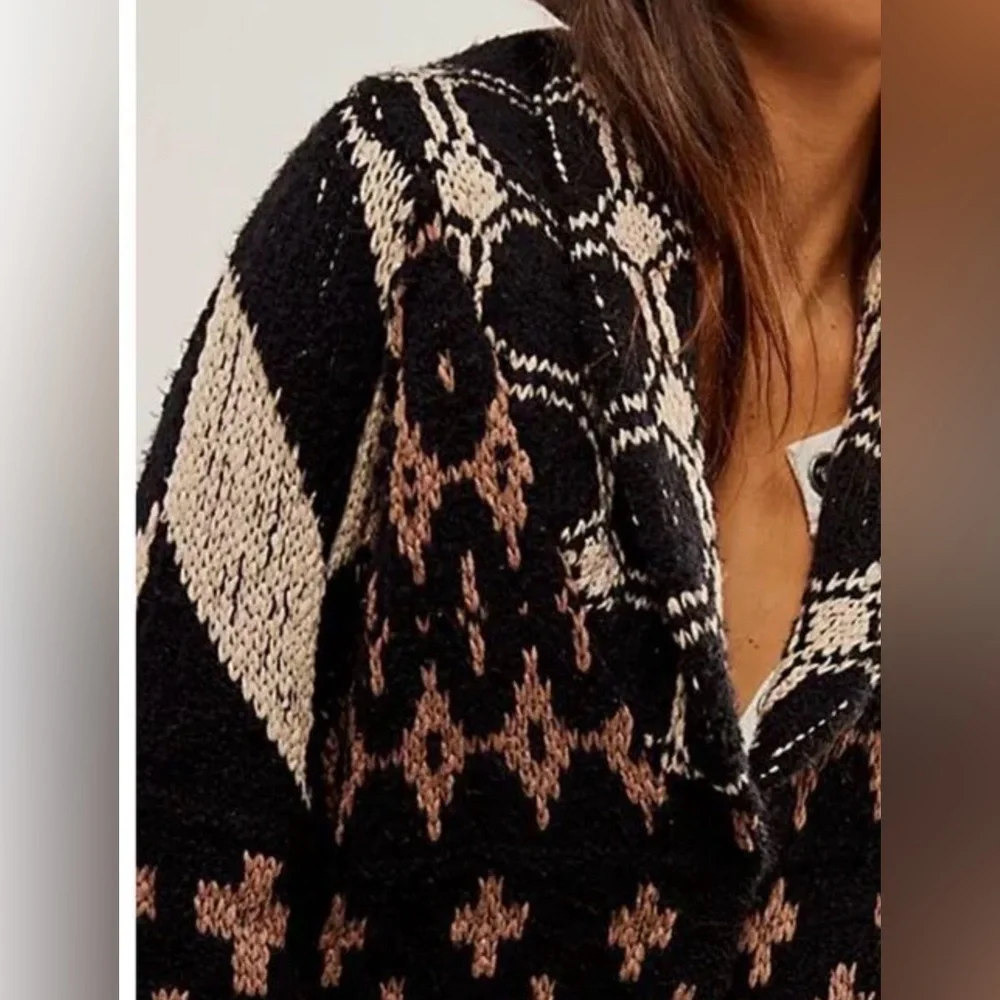Free People Cardigan Sweater Bright & Optimistic Black Cream Brown Chunky - Picture 3 of 7